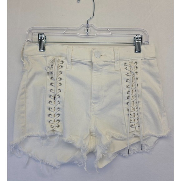 Y2KExpress Shorts Women 2 White High Rise Shortie‎ Lace Up Distressed Cut Off - Picture 1 of 12